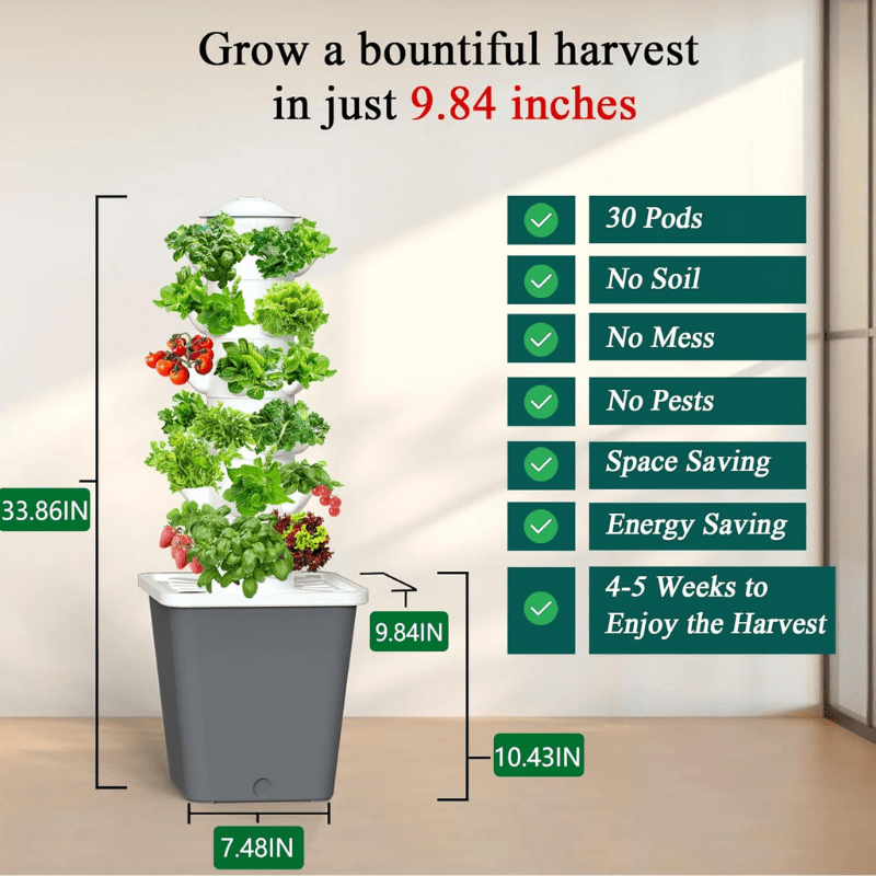 Compact 9.84㎡ hydroponic mini tower for home use with 6 layers and 30 holes, enabling easy hydro harvest with automatic watering and timer.