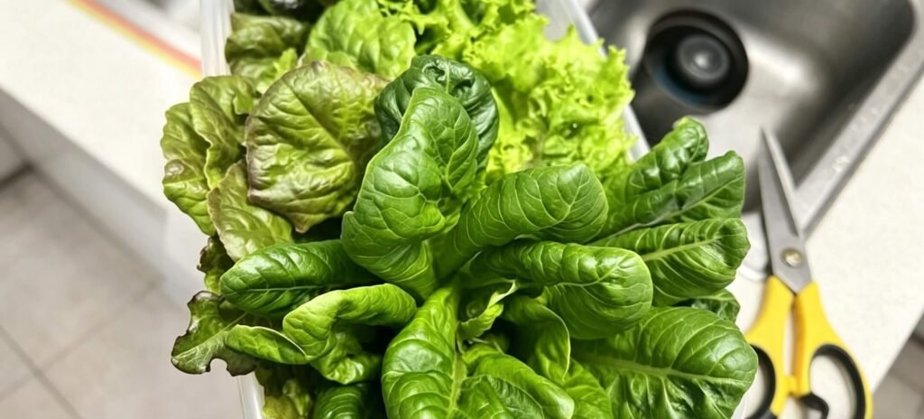 Fresh hydroponic lettuce with lush green leaves growing in indoor vertical farming system