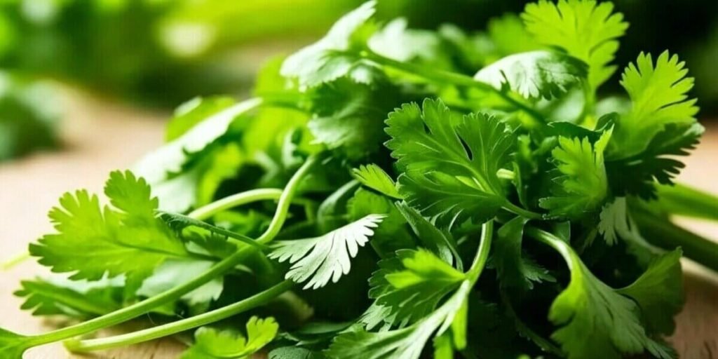 Close-up fresh hydroponic cilantro leaves green texture indoor farming