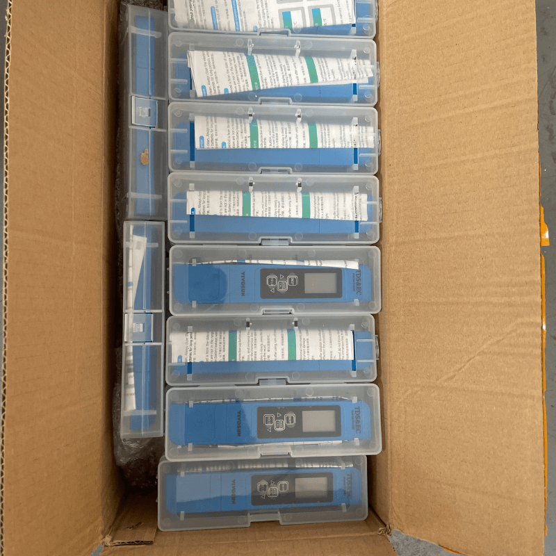 Real shipment photo showing pH meters neatly arranged in protective packaging, ready for export.