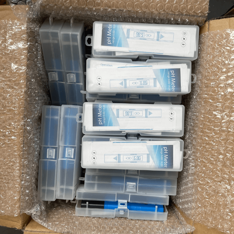 Securely packed pH meters in rows, ensuring safe delivery during transit.