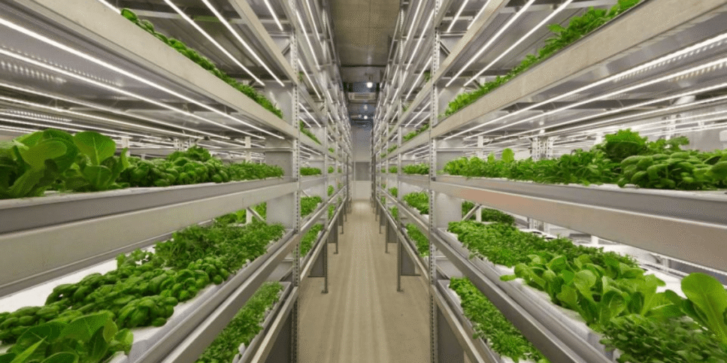 Hydroponic grow rack actively cultivating plants.