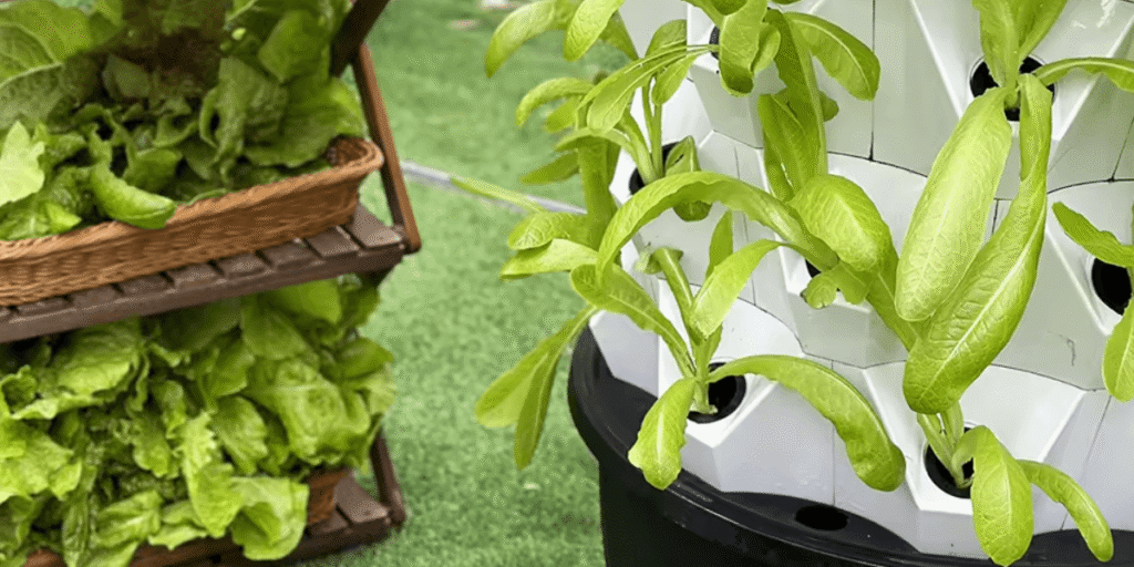 Vegetables growing in an indoor pineapple hydroponic tower, highlighting vertical farming and space-saving techniques.