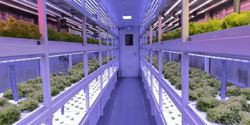 Indoor vertical hydroponic system growing leafy greens in batches.