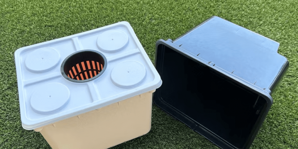 Real photo of a Dutch Bucket hydroponic system showing plant growth and setup.