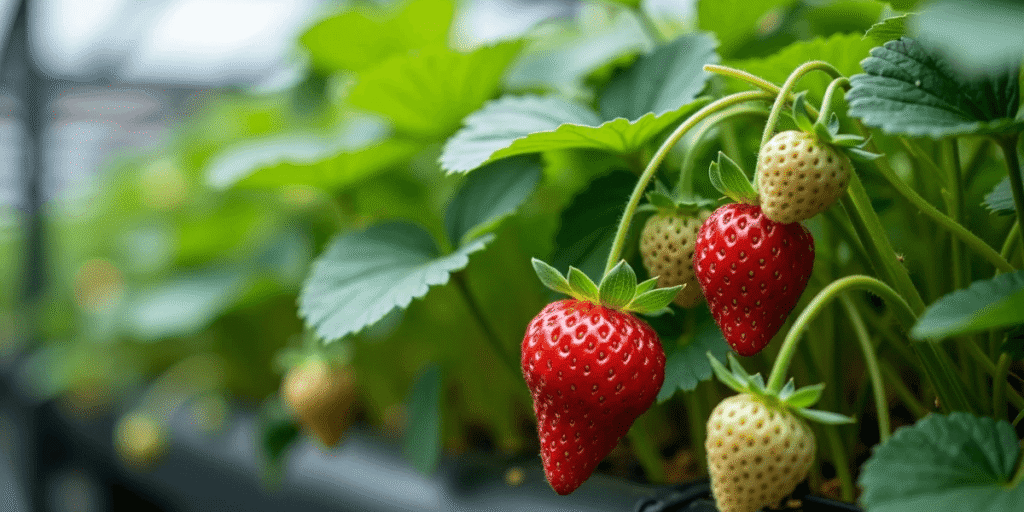 Thriving strawberry plants in a productive hydroponic commercial greenhouse.