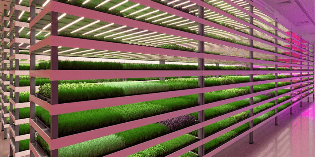 Vertical farm racks with LED grow lights producing hydroponic fodder.