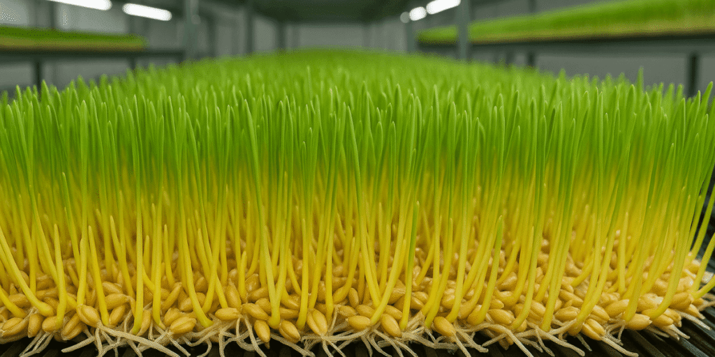 Young fodder seedlings sprouting and growing in an early development stage.