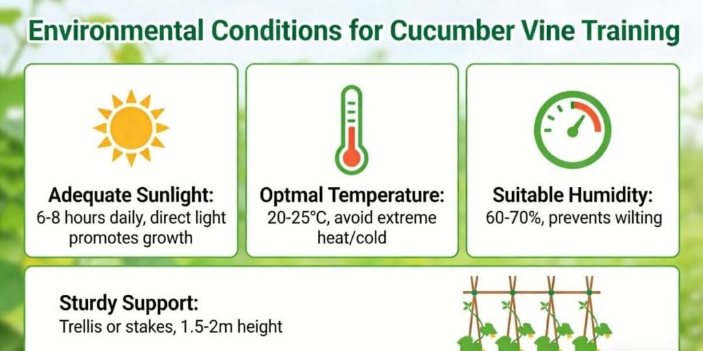 Combined environmental conditions for optimal cucumber vine training in greenhouse