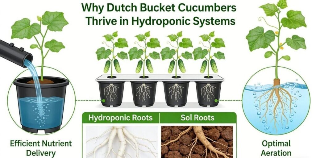 Dutch Bucket hydroponic system with healthy cucumber plants thriving indoors