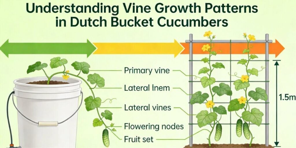 Overview of cucumber vine growth in a Dutch Bucket hydroponic system