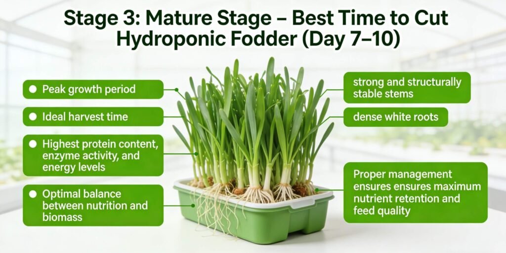 Mature hydroponic fodder at optimal harvest stage, ready to cut on day 7–10