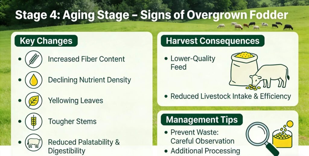 Overgrown hydroponic fodder showing yellowing leaves and thick stems in aging stage