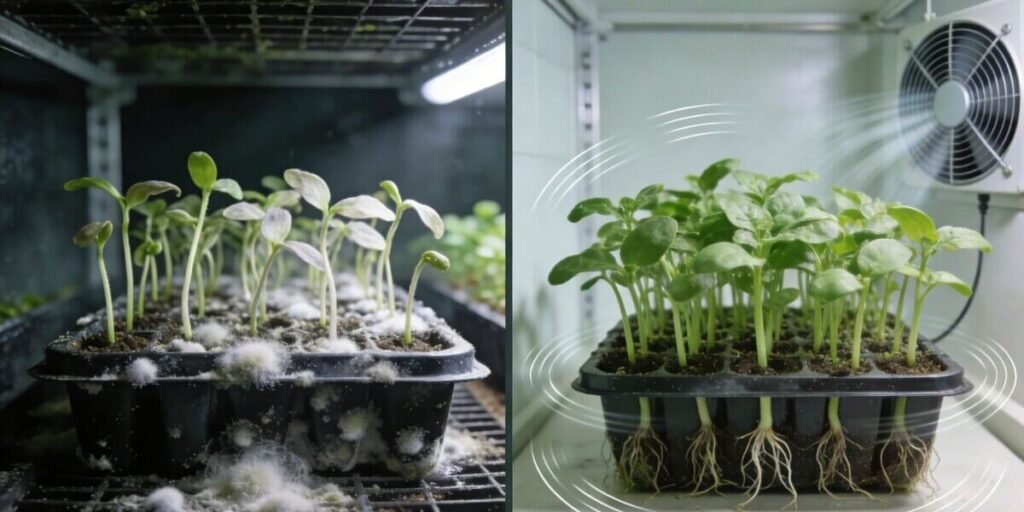 Poor airflow increasing mold risk in hydroponic fodder trays