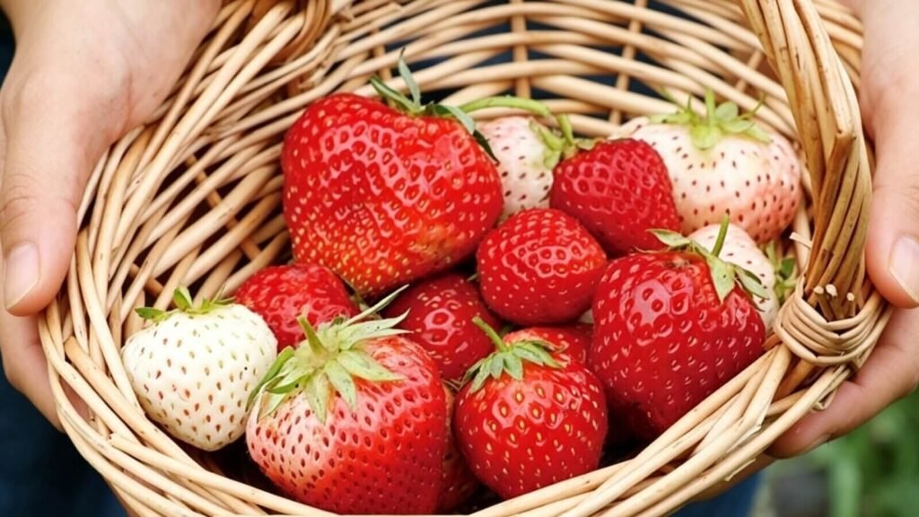 Freshly harvested strawberries in a harvest basket.