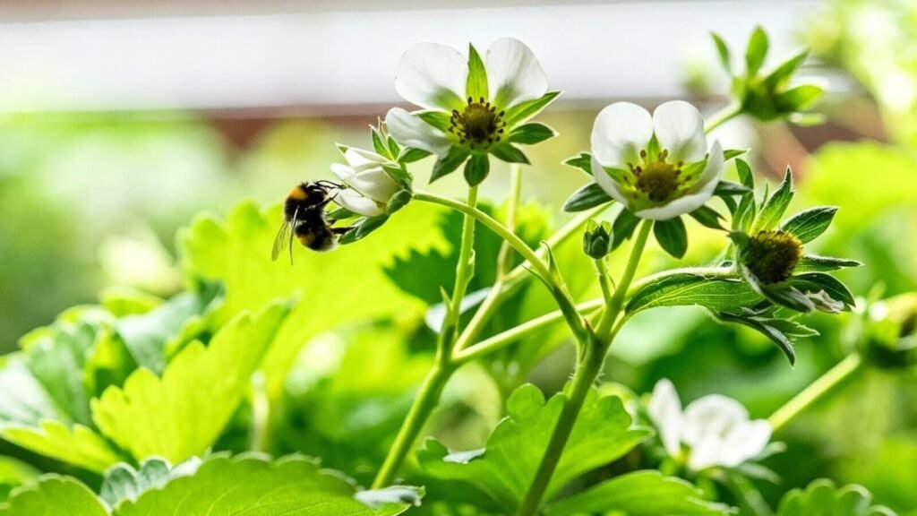Bee pollinating a strawberry flower.