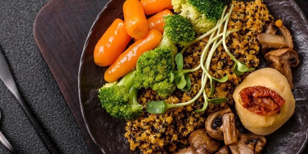 broccoli microgreens grain bowl quinoa healthy food.
