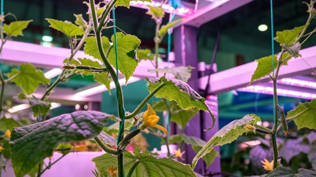Cucumbers growing on a vertical hydroponic trellis.