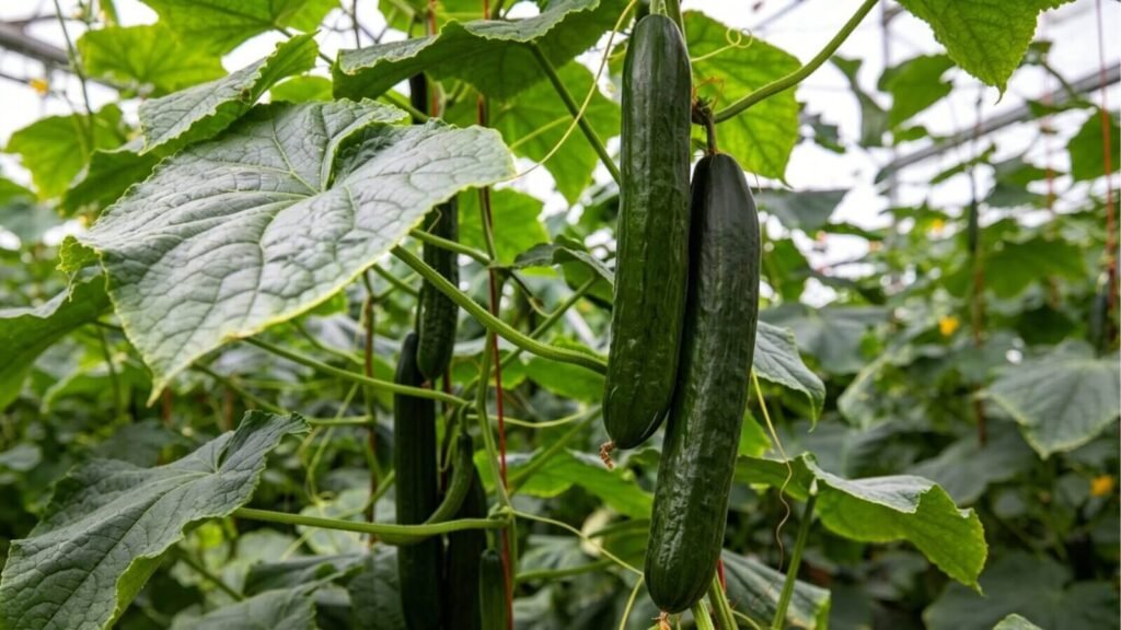 Cucumber vines full of fruit in a hydroponic system.
