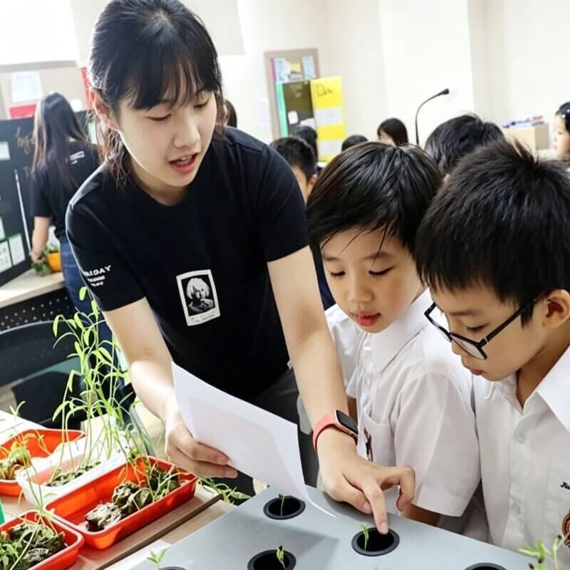 Elementary students doing hydroponic science experiment in classroom