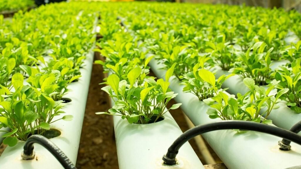 Close-up of fresh arugula leaves in a hydroponic garden.