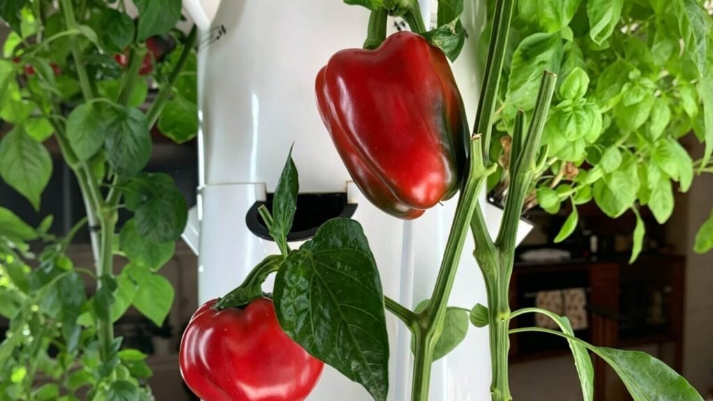 Chili peppers growing on an indoor hydroponic tower.