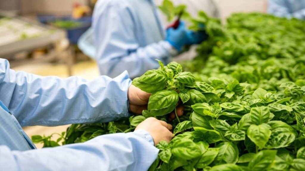 Harvesting fresh hydroponic basil leaves.
