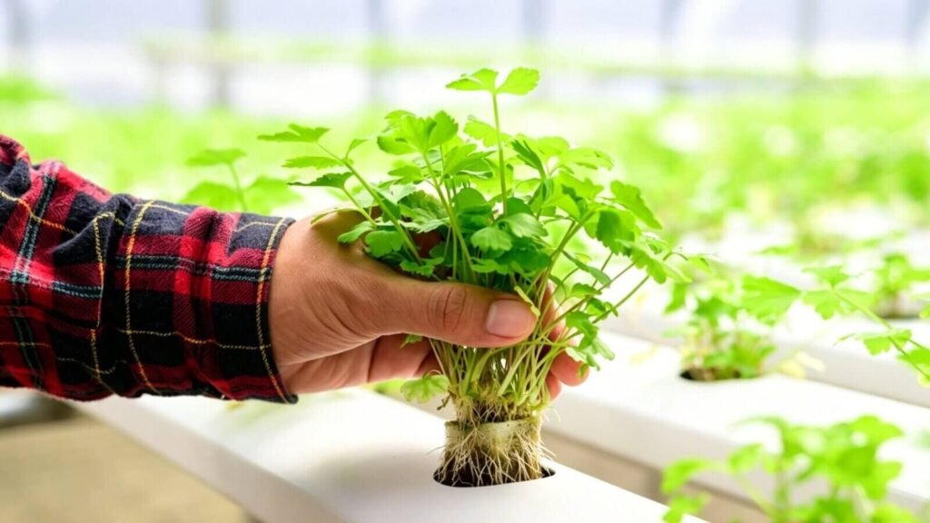 Harvesting fresh hydroponic cilantro.
