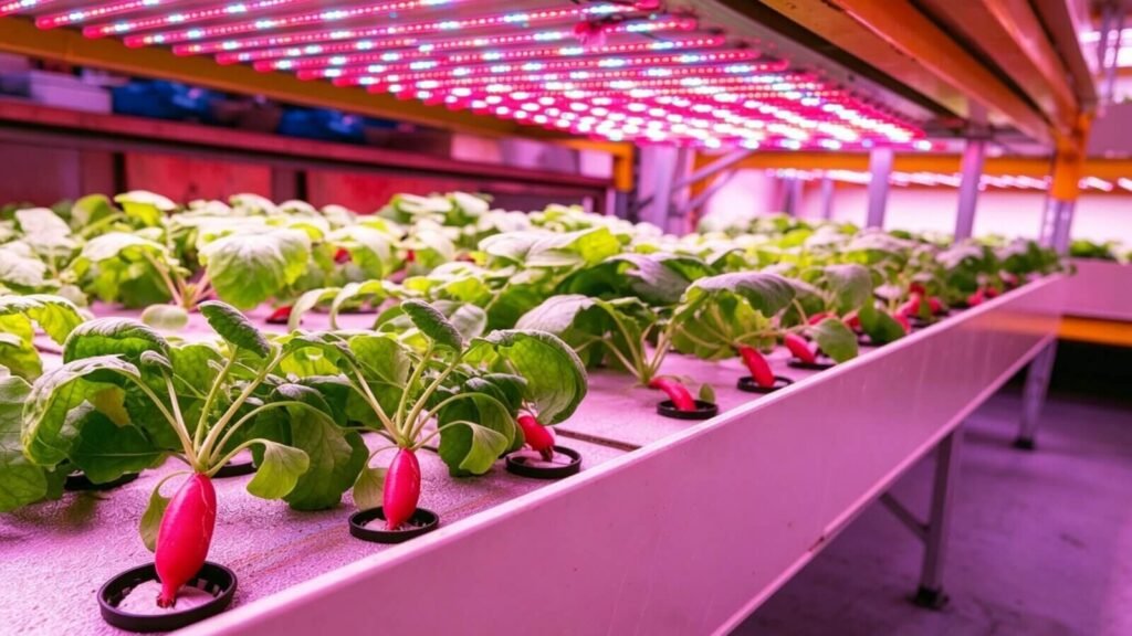 Fresh radishes growing in a hydroponic garden.