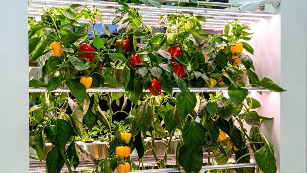 Chili peppers growing in a smart hydroponic garden.