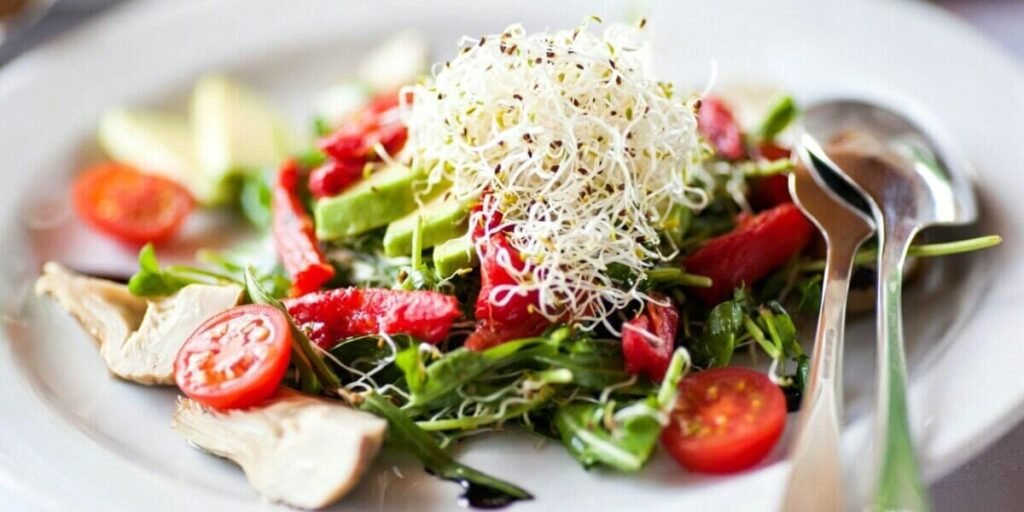 healthy microgreens salad colorful vegetables.