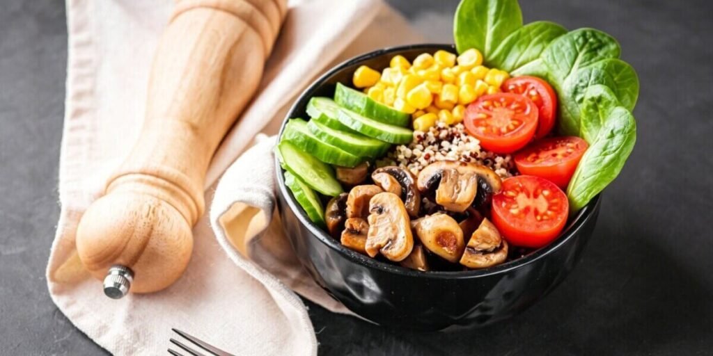  healthy rice bowl avocado microgreens.
