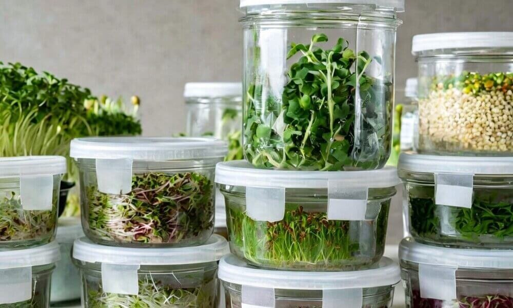 Fresh harvested microgreens packed inside a food storage container before refrigeration.