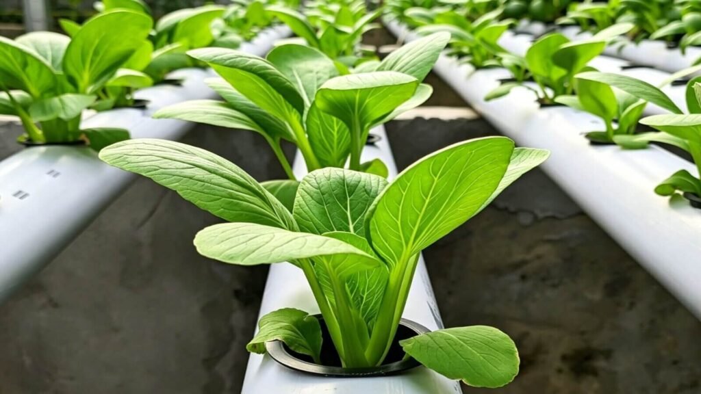Hydroponic bok choy growing in an NFT system.