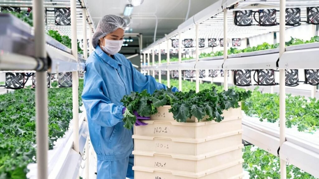 Kale growing in an indoor hydroponic facility.