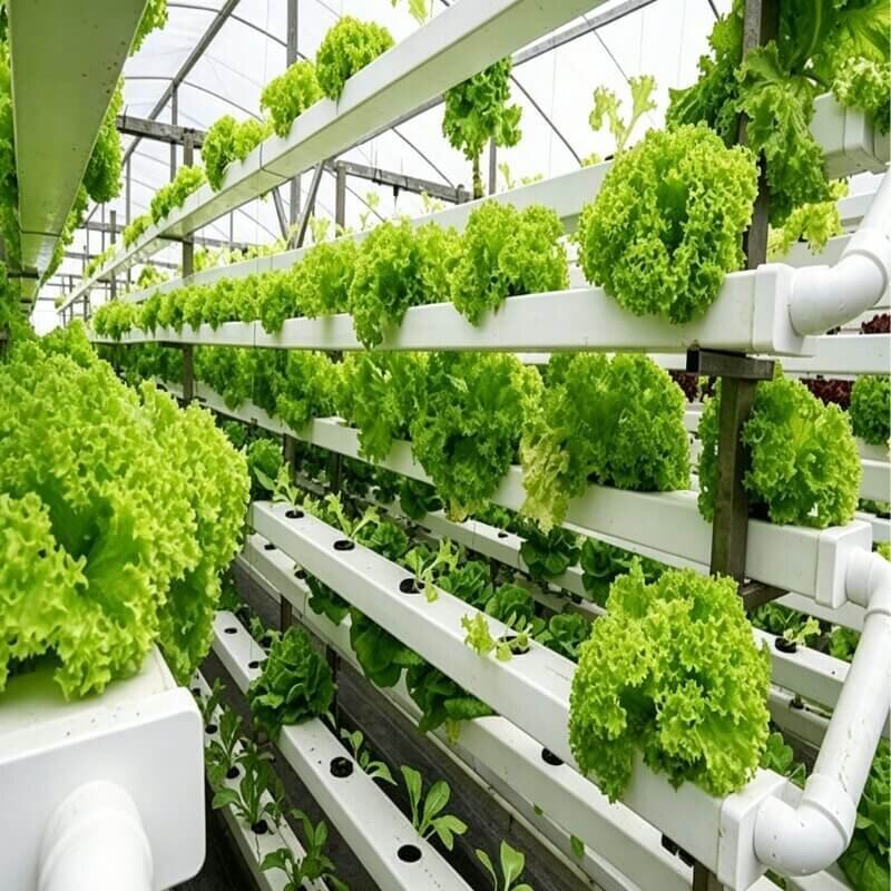 Lettuce is growing in an NFT hydroponic farm designed for indoor vertical production.