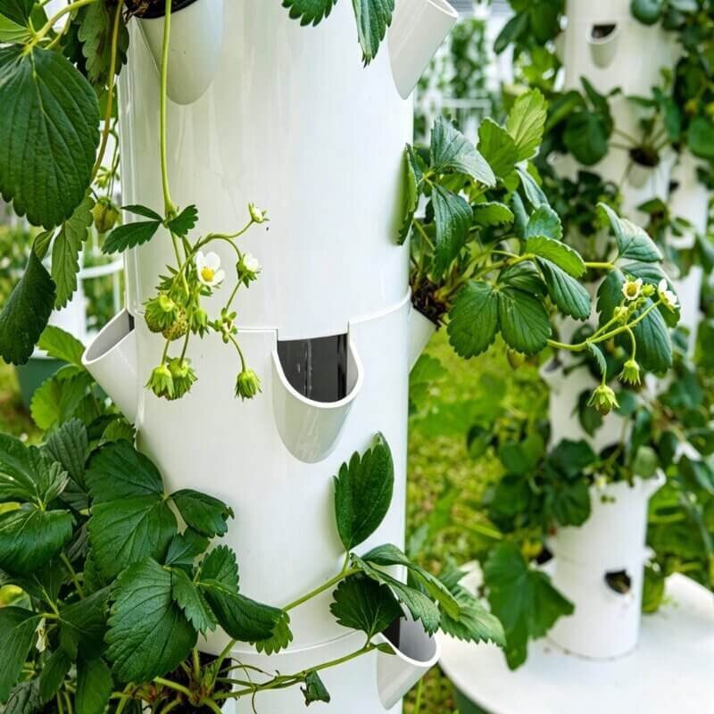 Hydroponics basics for beginners vertical hydroponic tower system growing strawberries in an indoor setup with stacked planting design for space-saving hydroponic fruit production.