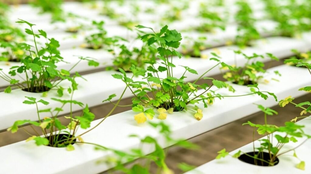 Cilantro growing in an NFT hydroponic farm.