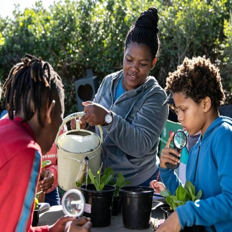 Teacher and students learning hydroponics outdoors in STEM education activity