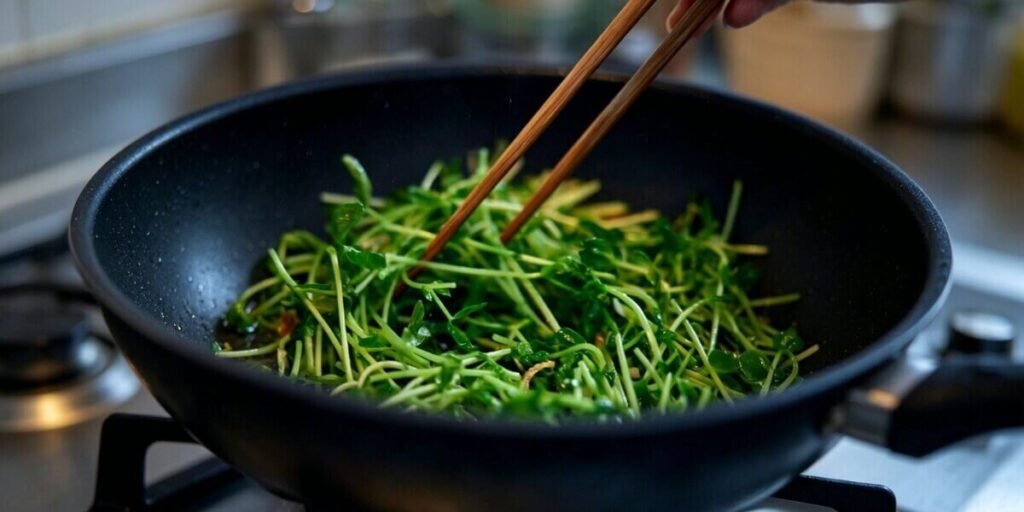 pea shoots stir fry garlic warm dish.