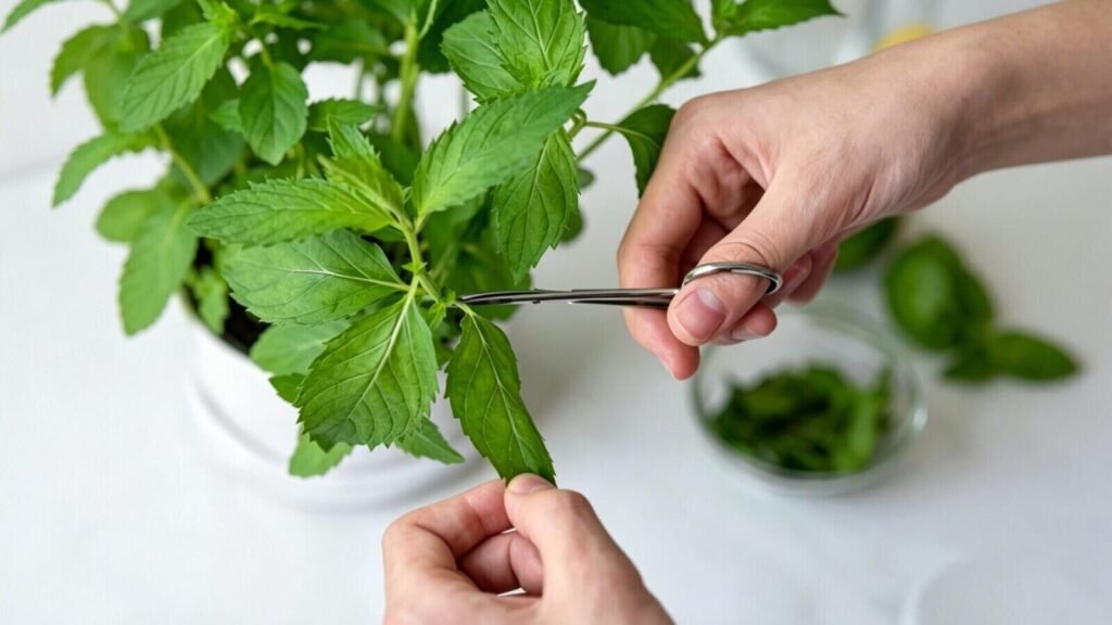 Picking fresh mint leaves for homemade sparkling drinks.