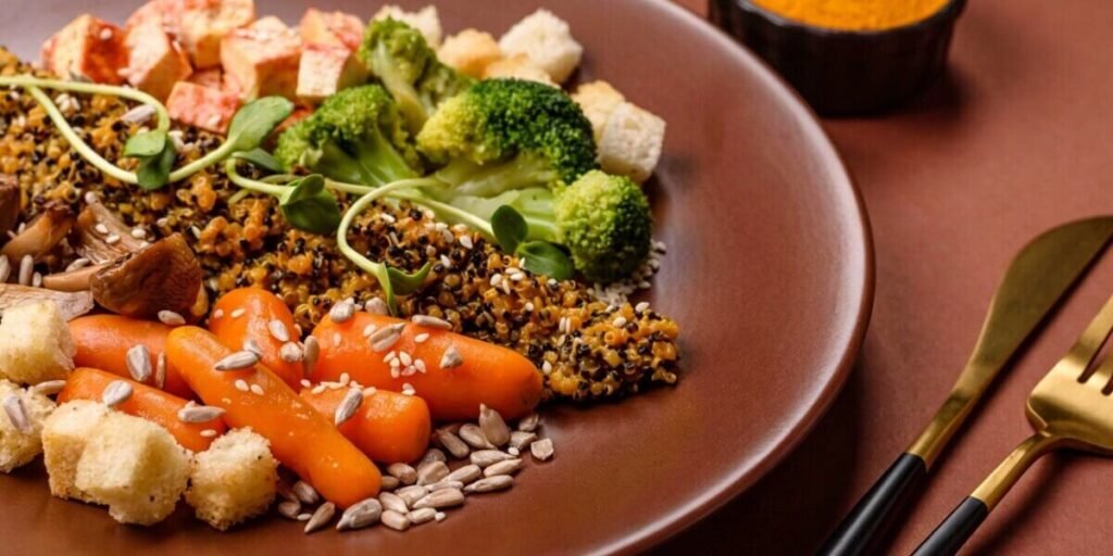 quinoa grain bowl microgreens vegetables.
