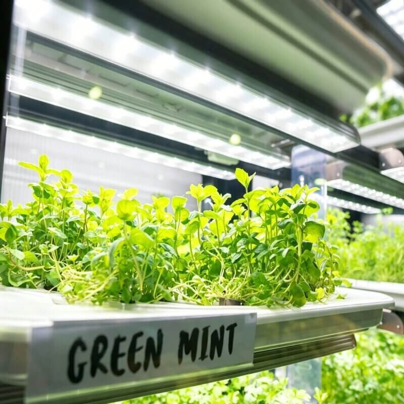 indoor vertical mint hydroponic tower with LED grow lights