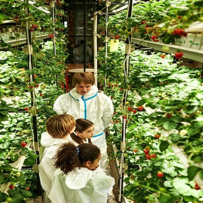 Students learning hydroponic farming in a greenhouse with leafy greens