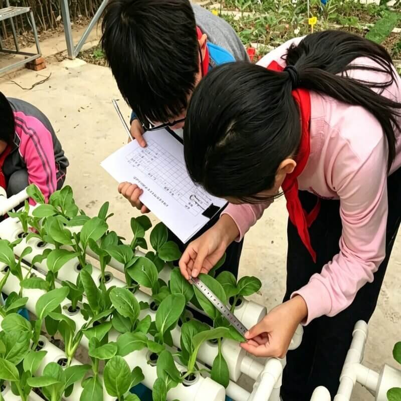 Students group outdoor hydroponic experiment learning activity