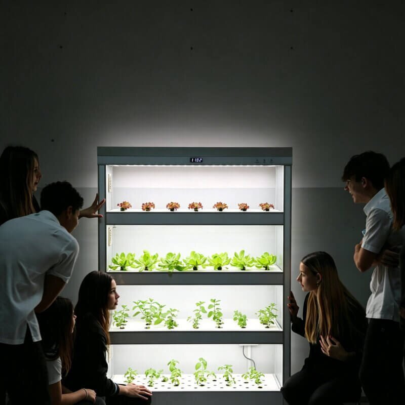 Students observing smart vertical hydroponic tower plants in STEM learning