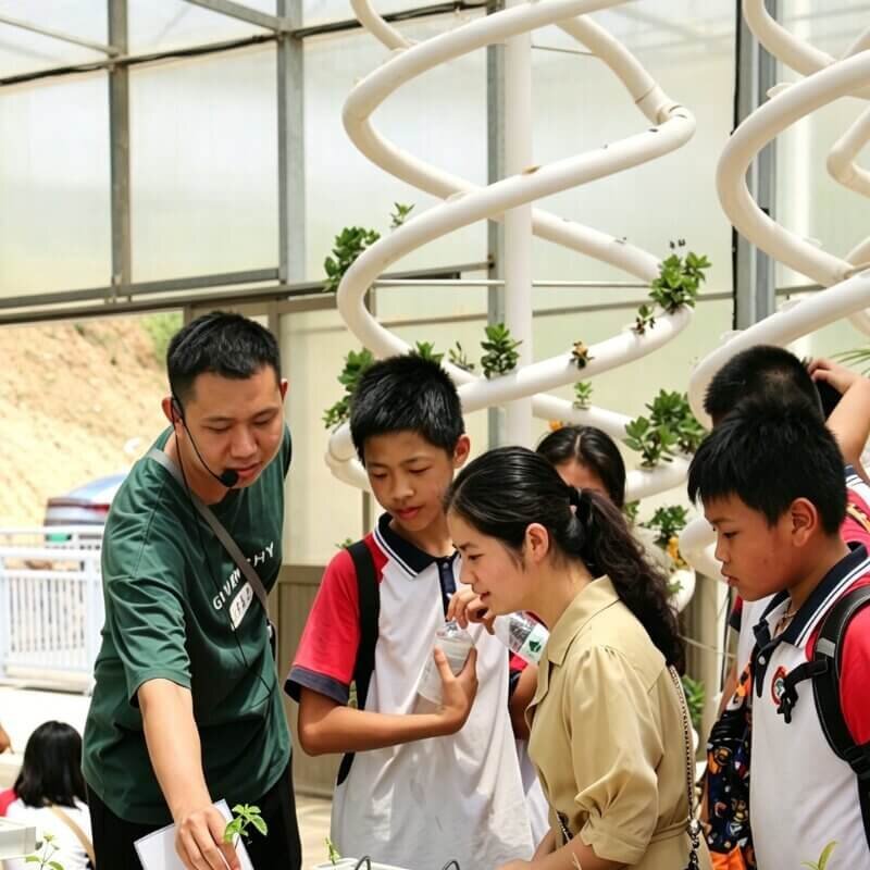 Teacher explaining hydroponic system to students in farm environment
