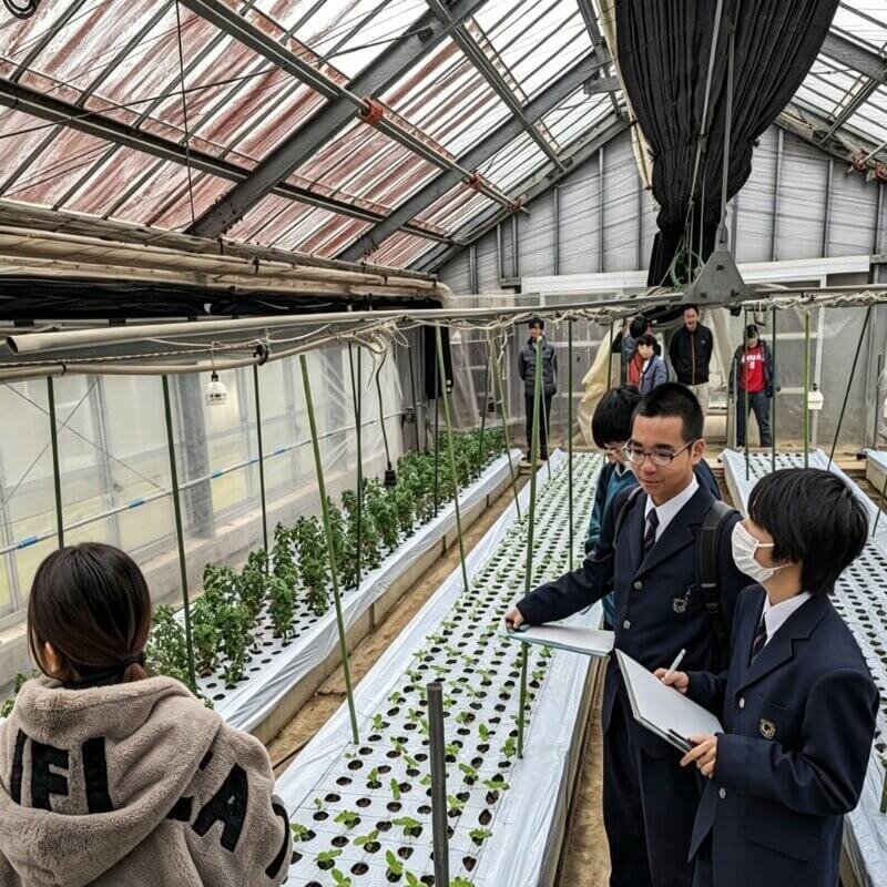 Teacher and students visiting hydroponic farm for educational tour