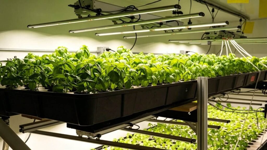 Basil growing on a vertical hydroponic rack with grow lights.