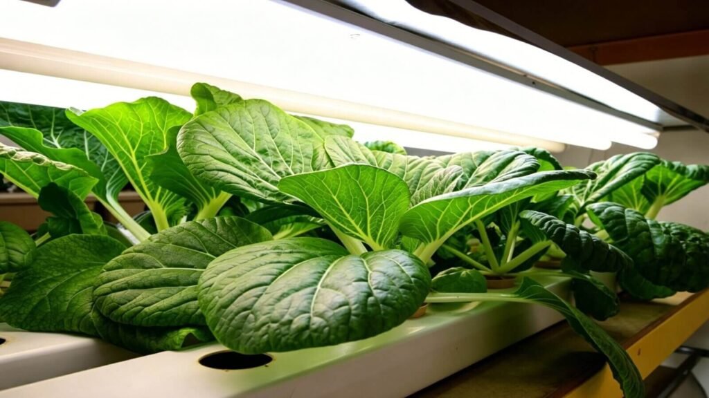 Bok choy growing in a vertical hydroponic garden.